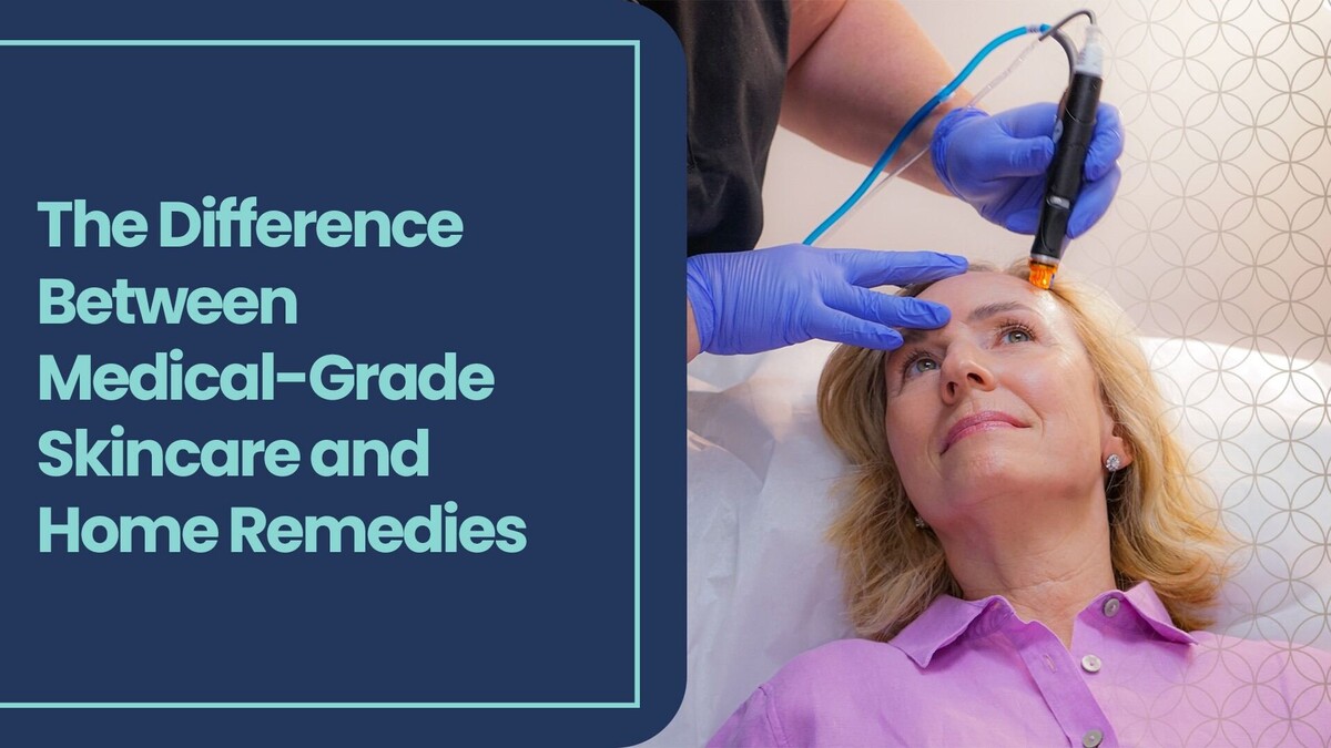 a woman receives treatment from a device held to her forehead text reads The Difference Between Medical-Grade Skincare and Home Remedies