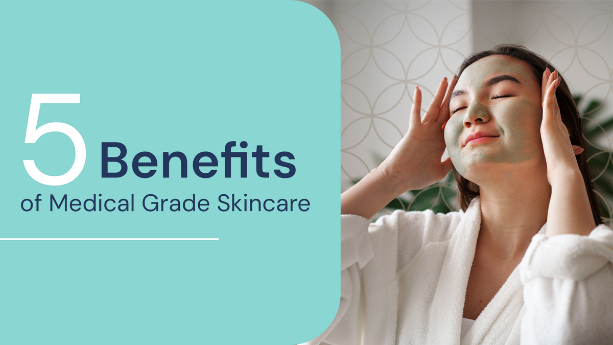 A woman in a robe applies a facial mask text reads Five Benefits of Medical Grade Skincare